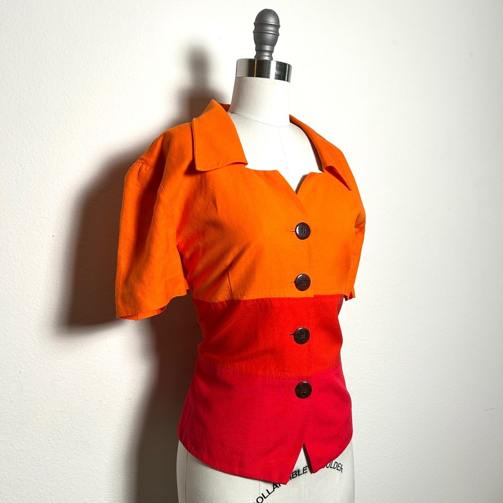 Jessica Howard Orange Red Linen Colorblock Short Sleeve Blouse Vintage Women 14